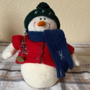 Festive Snowman Plush with Red Coat and Blue Scarf